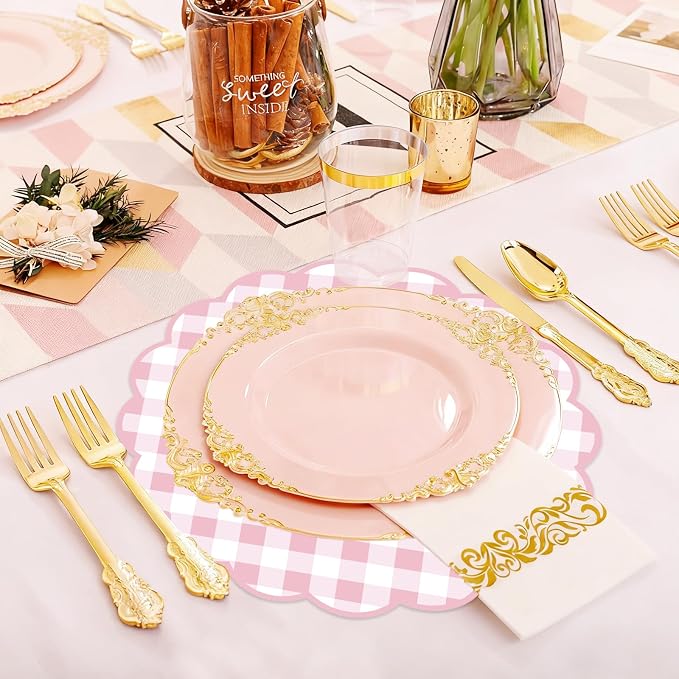 50Pcs Checkered Paper Placemats Pink Gingham Place Mats 13.5 Inch Scalloped Checkered Place Mats Disposable Table Placemats for Table Setting BBQ Baby Shower Wedding Bridal Banquet Tea Party