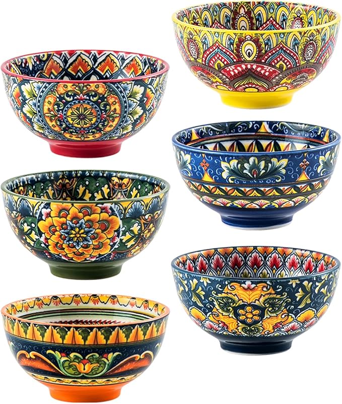Henten Home Ceramic 5 oz Dipping Bowls, Boho Sauce Bowl Set of 6, Colorful Small Snack Bowls for Salsa, Appetizer, Decorative, Microwave & Dishwasher Safe