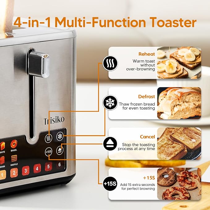 Smart Touch Screen 2 Slice Toaster, Wide Slot,Stainless Steel | 900W digital toaster with 6 shade levels, bagel, defrost, reheat, cancel, crumb tray, and cord wrap for small kitchens