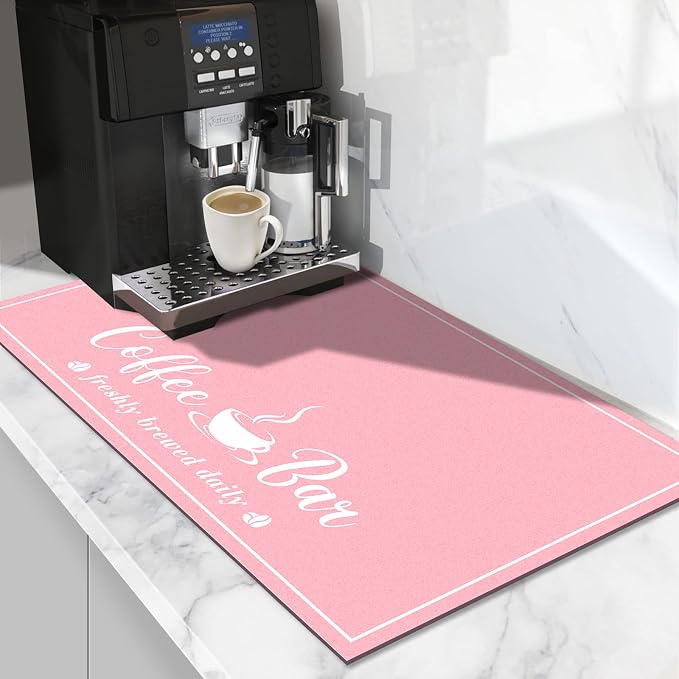 CooRug Fashion Coffee Mat, Dish Drying Mat 16" x 24" Pink | Hide Stain, Absorbent, Coffee Bar Accessories, Heat Resistant, Non-slip, Eco-friendly, Easy to Clean