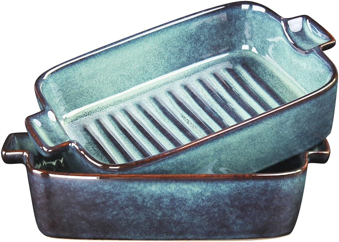 7.1 x 5.9 inch baking pan, 16.9 ounces, rectangular baking pan, ceramic pan, cake pan with handle, suitable for roasting vegetables/meats, lasagna, kitchen, dining room, hazy green.