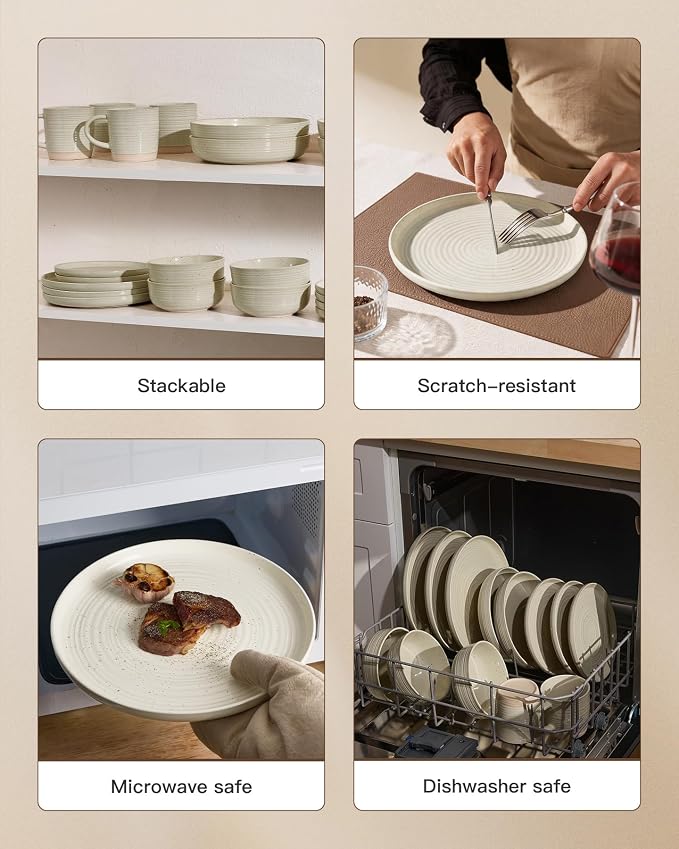 Stoneware Dinnerware Set for 8, Plates & Bowls, Multicolor | 24-Piece Ceramic Speckled Spiral Dishes, Chip & Scratch Resistant, Microwave & Dishwasher Safe, Everyday Use, Farmhouse Style
