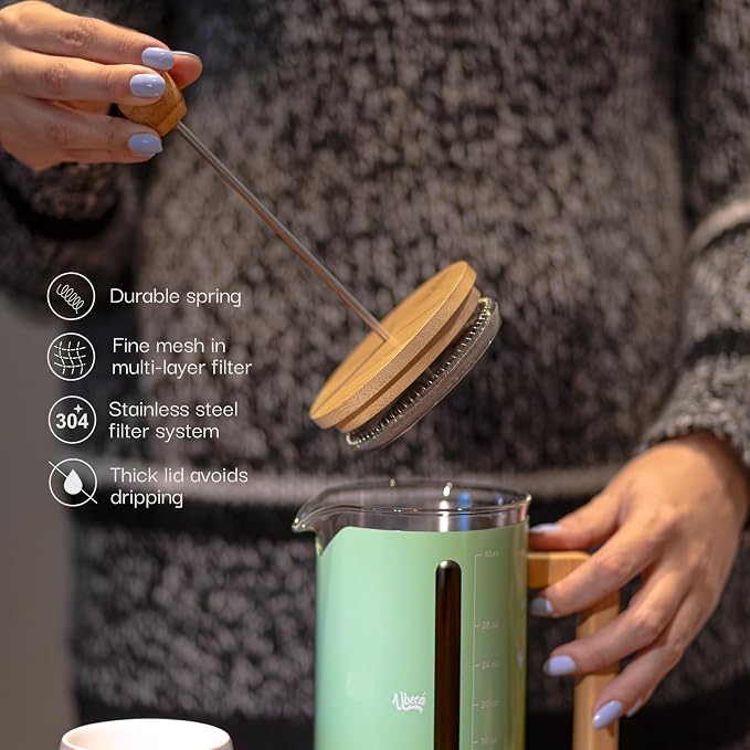 French Press 34 oz Coffee Maker | Mint Green | Thick Borosilicate Glass | Bamboo Handle 2-Layer | Stainless Filter and cover | Easy Clean Eco-Friendly Gift ready Set