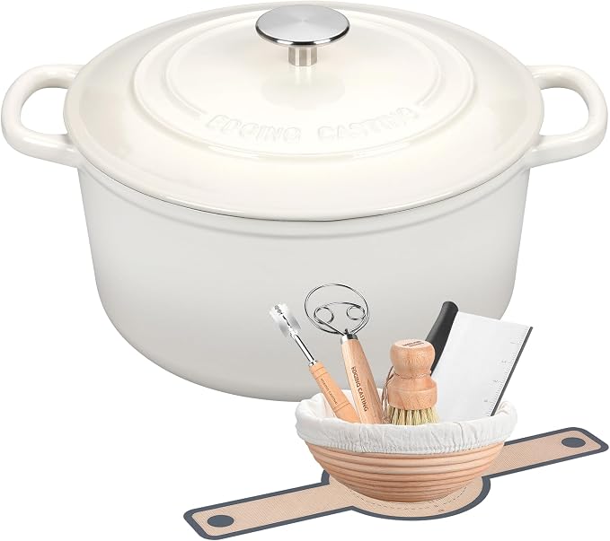 EDGING CASTING Enameled Cast Iron Dutch Oven with Sourdough Bread Baking Kit, Bread Dutch Oven with Lid, Includes Proofing Basket & Baking Tools, 5qt, White