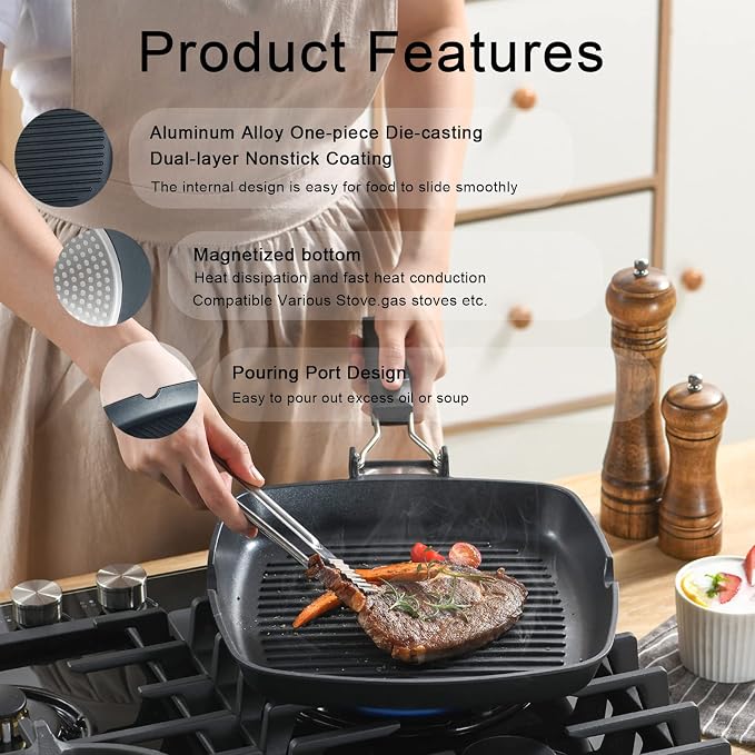 S·KITCHN Grill Pan with Folding Handle, Nonstick Grilling Pan for Stove Tops, Induction Compatible Square BBQ Pan with Pour Spouts - 11 in