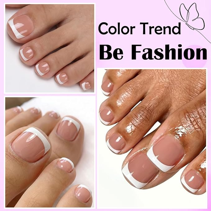 240pc White French Tip Press on Toenails Short Square False Toenail, Coffee Fake Toe Nails Kit with Glue, 12 Sizes Acrylic Glue on Nails Toes Square French Tip Press-on Toe Nail for Women Girls
