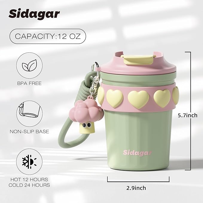 SDGA+ 12 oz Travel Coffee Mug Spill Proof Leak Proof, Stainless Steel Thermal Coffee Cup with Lid, Resuable Cup for Hot and Cold, Portable Tumbler for Women, Green