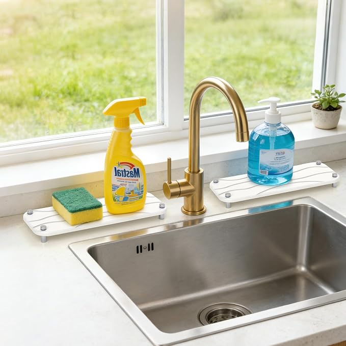 2-Pack Large Size Water Absorbing Stone Sink Caddy, Coaster | Instant dry stone tray and stone sink organizer with rust-free feet on rubber pads, free from scratches.