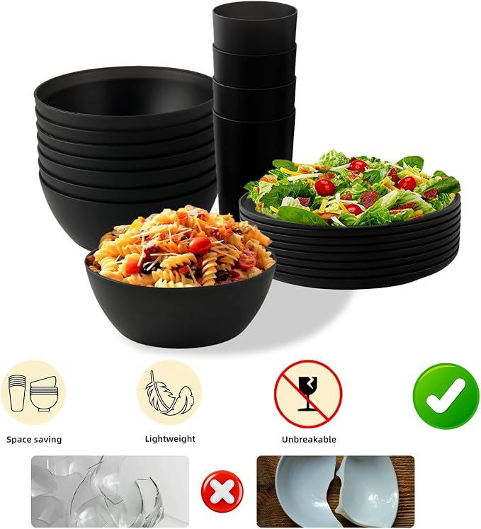 24pcs Matte Black Dinnerware Set, Plates Bowls & Cups, Unbreakable Dishes for 8, Reusable BPA‑Free Tableware, Dishwasher Safe for Kitchen Party Picnic Camping, Bonus Cutlery Set Included