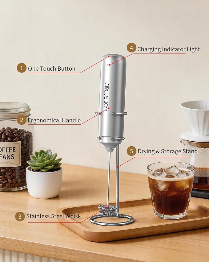 CIRCLE JOY Rechargeable Milk Frother Handheld with Stand,Dual Spring Whisk Electric Coffee Frother Wand, Portable Hand Frother Drink Mixer for Matcha Lattes Cappuccino, Coffee Lover Gift, Silver