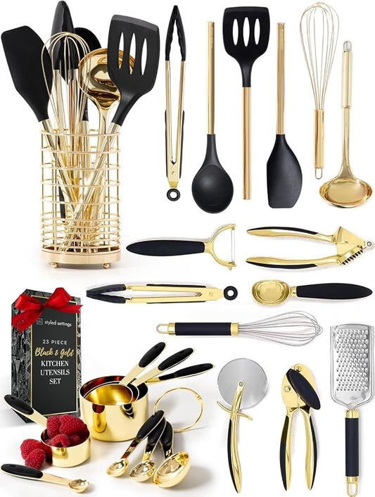 Styled Settings Black and Gold Kitchen Utensils Set, 23-Piece | Stainless Steel, Silicone, 23-Piece Kitchen Accessories Includes Gold Measuring Cups, Spoons, Cooking, and Kitchen Decor