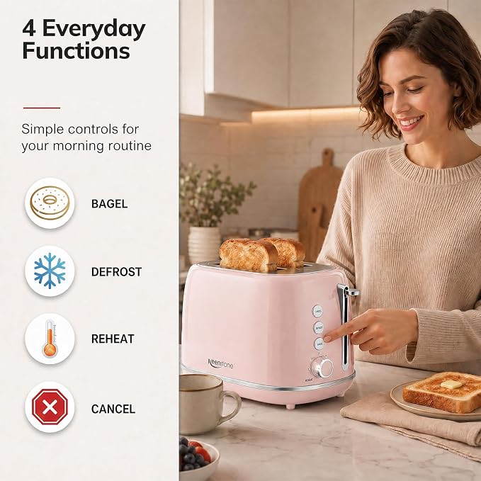 2 Slice Toaster Retro Stainless Steel with Bagel, Cancel, Defrost Function and 6 Bread Shade Settings Bread Toaster, Extra Wide Slot and Removable Crumb Tray (Pink)