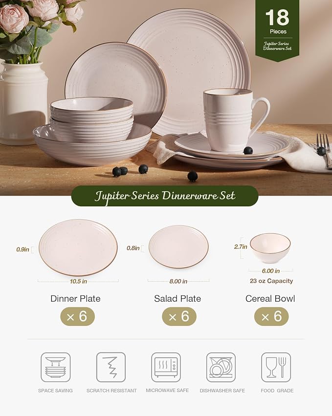 Famiware Jupiter Plates and Bowls Sets with Rim, Stoneware Dinnerware for 4 | 12-Piece Ceramic Neutral Dishes, Speckled & Embossed Swirl, Chip & Scratch Resistant, Microwave & Dishwasher Safe, Light Pink