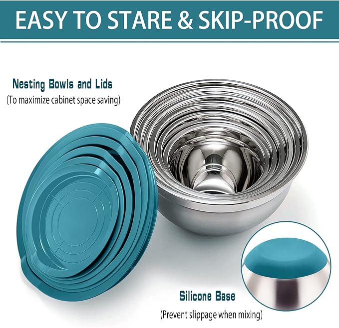 P&P CHEF Stainless Steel Mixing Bowls With Lids, Set of 6, Blue | Salad Nesting Mixing Bowls & Fitting Lids & Non-Slip Silicone Bottom, Ideal for Mixing, Storing, Size 0.7/1/1.5/2.5/3/4.6 Qt