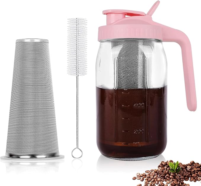 Cold Brew Coffee Maker, 32 oz Mason Jar Pitcher with Stainless Steel Filter, Pour Spout Handle Lid, Heavy Duty Glass Airtight & Leak-Proof for Iced Coffee,Tea & Lemonade