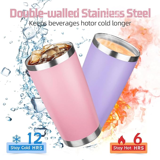 20 oz Tumbler with Lids and Straws, Stainless Steel Insulated Travel Coffee Mug, Double Wall Vacuum Insulated Tumblers, Powder Coated Coffee Tumbler for Cold & Hot Drinks (Pink, 4 Pack)
