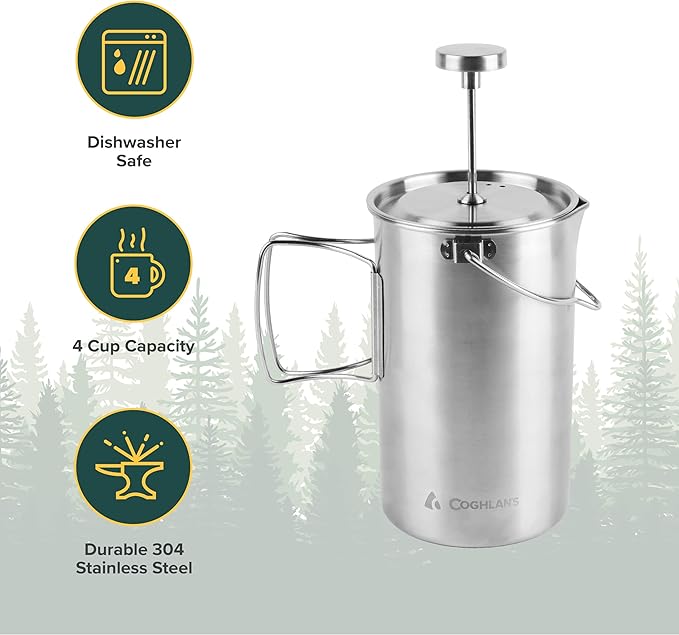 Coghlan's Stainless Steel French Press Coffee Maker – 4-Cup (32 oz), Campfire & Stovetop Safe, Portable & Durable – Fine Mesh Filter, Folding Handle, Dishwasher Safe – For Camping, Home, or Travel