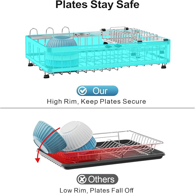 Large Capacity Dish Rack - Expandable 2-Piece Countertop Set, Silver | Expands 16.5-21.5 in, Holds Pots & Plates, Cup & Utensil Holders, Absorbent Mat, Removable Over-Sink Rack, Stainless Steel