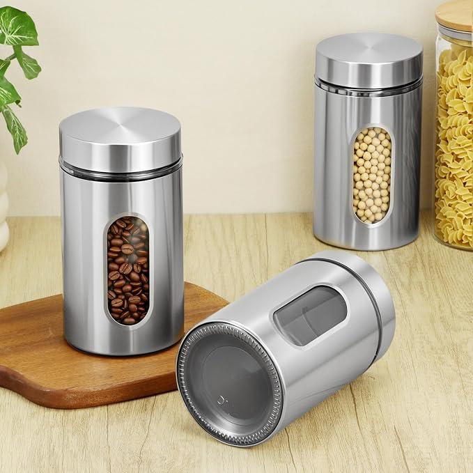 QWORK Stainless Steel & Glass Airtight Kitchen Canisters Set, 3 Pack 32 oz Coffee, Sugar, Tea, and Candy Storage Jars with Large Transparent Windows, 32 oz Laege Capacity
