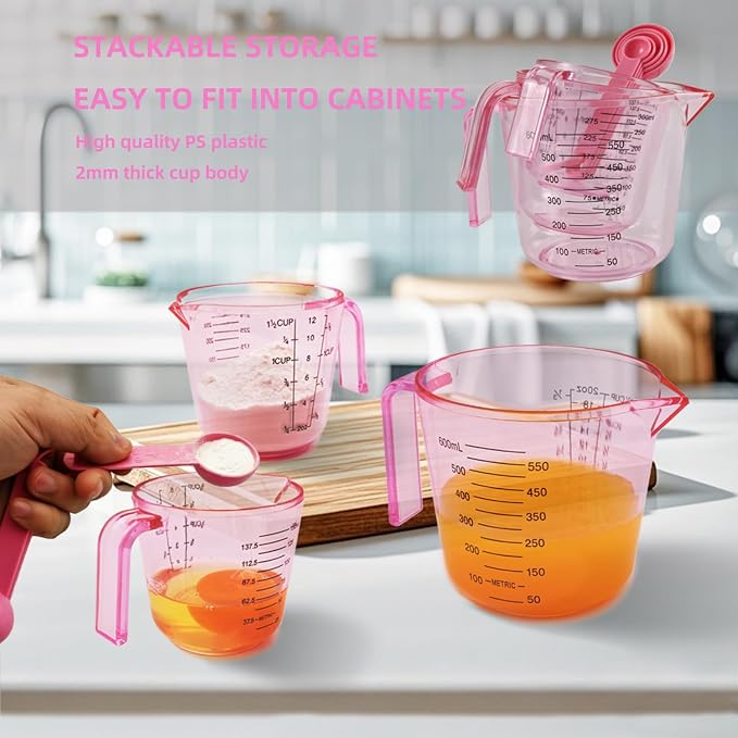Pink Plastic Measuring cup Measuring spoon Set: 3 Stackable Liquid Measuring Cups 150/300/600ml and 5 Spoons 1.25-15ml, Used to Create Pink Kitchen Themes, Baking, Cooking