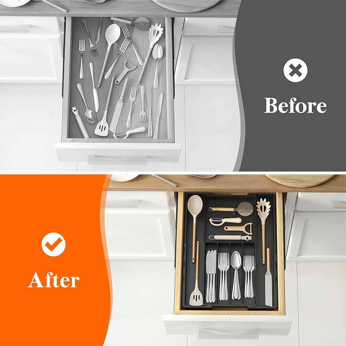 Lifewit Silverware Drawer Organizer, Expandable Utensil Tray for Kitchen | BPA Free Adjustable Flatware and Cutlery Holder, Plastic Storage for Spoons Forks Knives, 8.9-14.2 x 11.3-19.4 x 1.7, Black