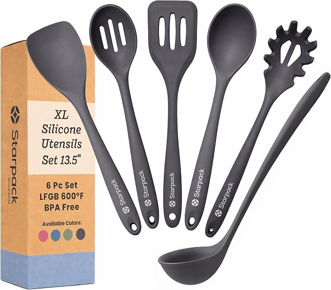 Starpack Like a Boss XL Silicone Cooking Utensils Set (6-Piece, 13.5") - LFGB Certified, 600°F Heat Resistant, BPA-Free - Heavy-Duty Steel Core, Dishwasher Safe - for Nonstick Cookware, Gray Black