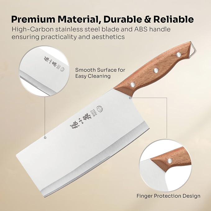 ZHANG XIAO QUAN 7.3” Meat Cleaver Butcher Knife, Chinese Vegetable Chopper Slicing Knife, Professional Chef Knife with Wood Handle and High Carbon Stainless Steel Sharp Blade