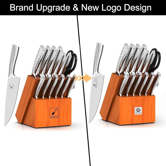imarku 14-Piece Knife Set. Pro power, home ease | Self-sharpening builds skill. Razor-sharp high carbon steel. Grip boosts confidence. Steady, non-slip prep.