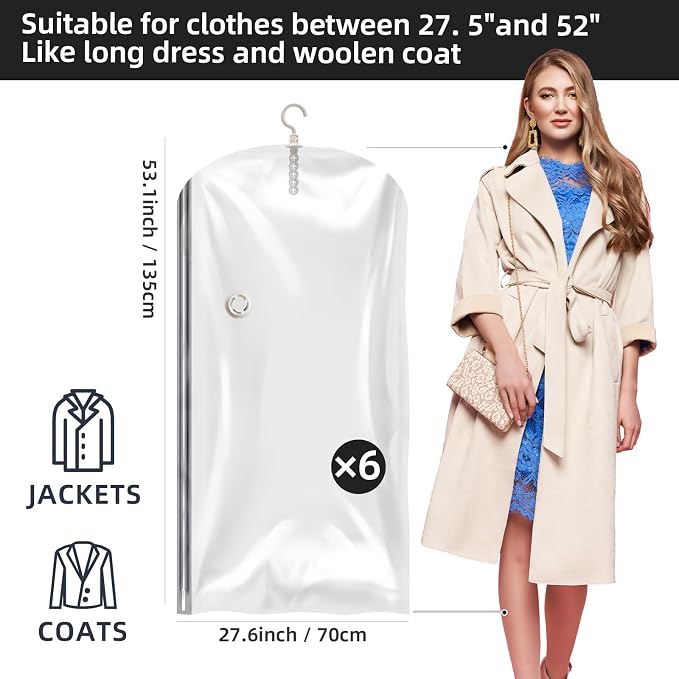 Hanging Vacuum Storage Bags, Space Saver for Clothing, 6 Long with Pump | Vacuum Seal Bags for Clothing with Electric Pump, Hanging Garment Storage for Jackets, Suit, Dresses, Winter Closet Organizer