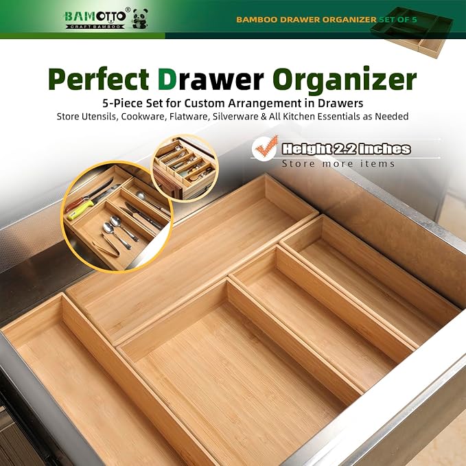 BAMOTTO CRAFTBAMBOO Stackable Bamboo Drawer Organizer Set of 5 for Kitchen | Utensil Cutlery Tray | Flatware & Silverware Organizer | Office & Bathroom | 13.4"×4.5"(×2) / 10.2"×3.3"(×2) / 10.2"×6.7"