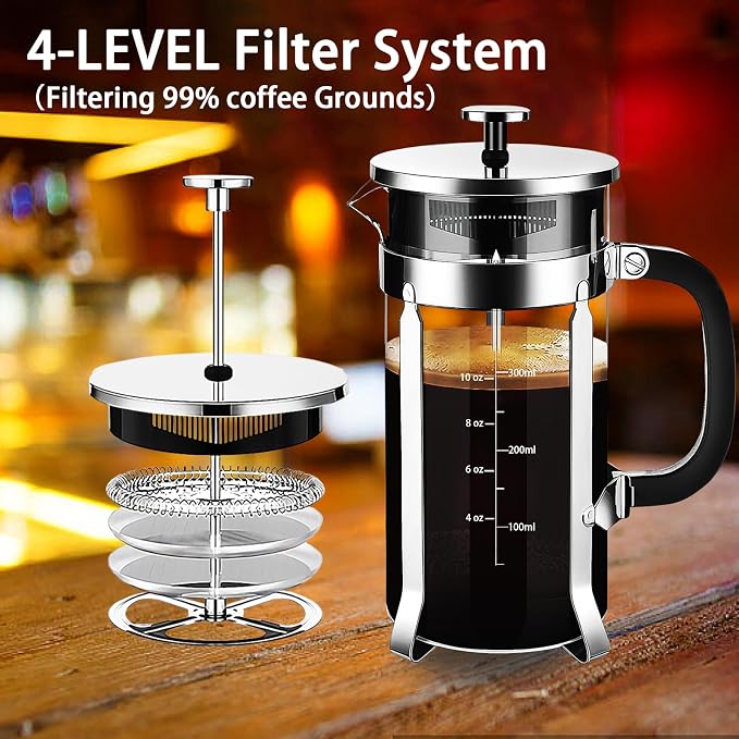 YMMIND French Press Coffee Maker 304 Stainless Steel Coffee Press,with 4 Filters System, Heat Resistant Thickness Borosilicate French Press Glass, BPA-Free Brewed Tea Pot Coffee Plunger(Copper 12oz)