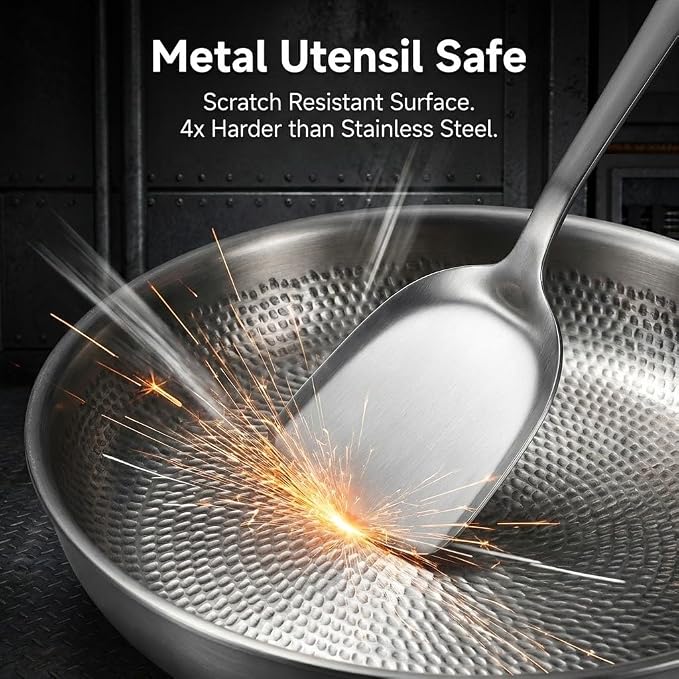 10" Titanium Frying Pan with Lid, Non-Stick Hammered Skillet | 3-Ply Heats Fast & Evenly, PFAS/PFOA/PTFE Free, Scratch-Resistant, for Induction & Gas, Oven-Safe to 500°F, Dishwasher Safe