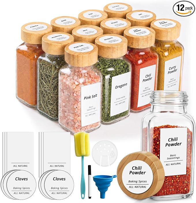SHOWIN Spice Jars with Label, 6oz Spice Containers with Bamboo Lids 12pcs, Glass Spice Jars with Lids, Square Seasoning Containers for Rack, Cabinet, Drawer, Home Kitchen Seasoning Organizer
