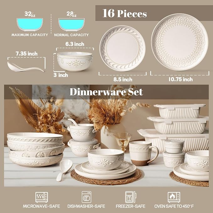 Plates And Bowls Sets, 16 Pieces Dinnerware Sets, Dish Set For 4, Ceramic Kitchen Bowl And Plate Set, Embossed White Dishware Sets, Dishwasher & Microwave Safe (Multiple Patterns)
