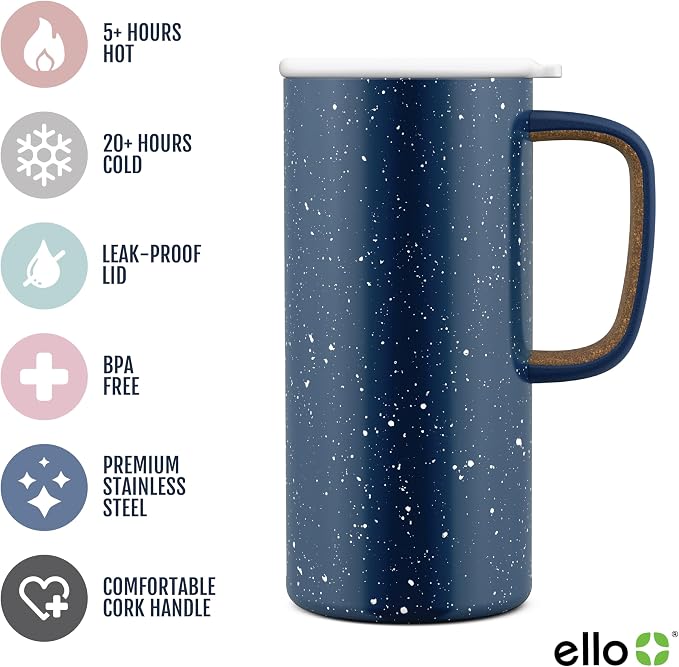 Ello Campy 18oz Insulated Stainless Steel Travel Mug with Handle, Navy | Leakproof coffee tumbler keeps drinks hot for hours. BPA-free, comfortable handle, great for commutes and the office.