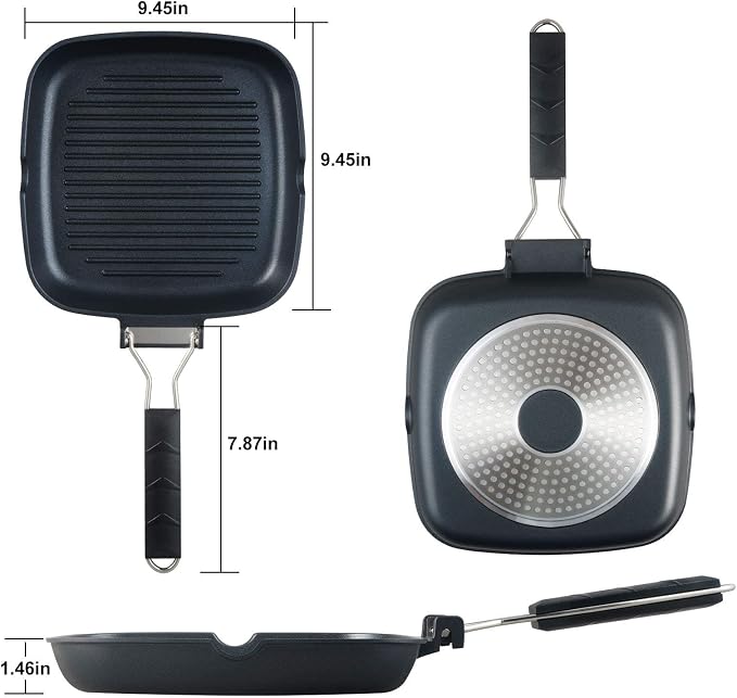 S·KITCHN Grill Pan with Folding Handle, Nonstick Grilling Pan for Stove Tops, Induction Compatible Square KBBQ Pan with Pour Spouts - 9IN
