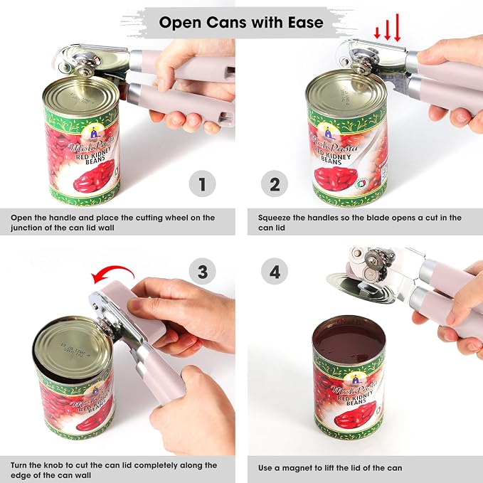 Beneno Heavy Duty Hand Can Opener Manual with Magnet, Light Pink | Razor-Sharp Carbon Steel Blade, Precise Smooth Cutting Gear, Big Effort-Saving Knob, Soft Grip Handle, Built-in Bottle Opener