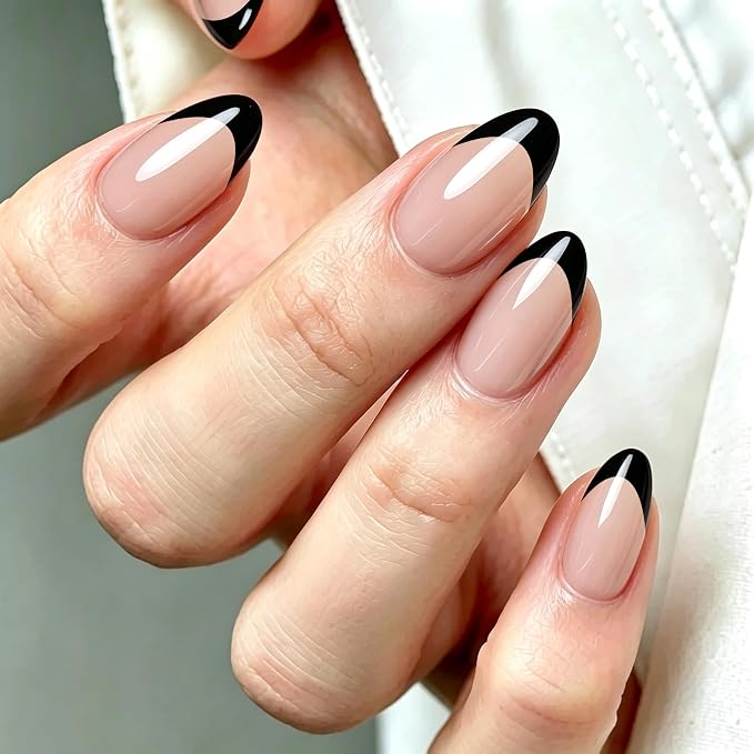 Press On Nails, Black French, Short Almond | French Tip UV Finish Short Almond Fake Nails Salon Quality Nails in 12 Sizes - 24 Nail Kit with Glue