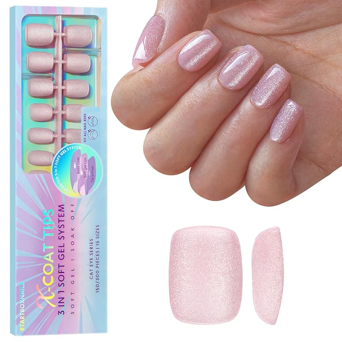 BTArtboxnails XCOATTIPS Cat Eye Press On Nails, Short Square, Get Sparkle | Lamp-Curable 4-Week Wear, Salon Quality Value at Home, Natural Nail Look, Easy-to-Apply for Beginners, 150ct Nail Tips Only