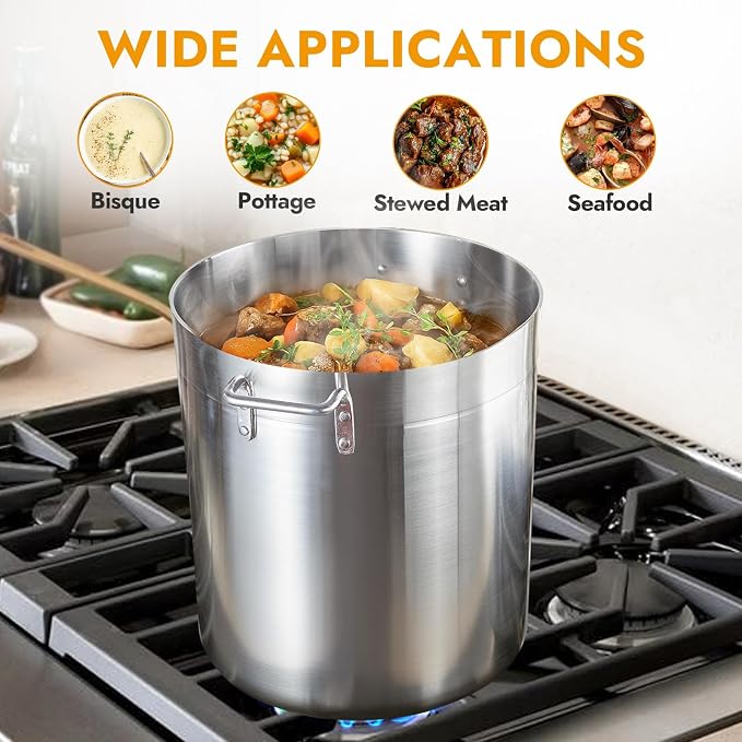 CURTA 40 Quarts Aluminum Stock Pot with Lid, Heavy Duty Commercial Grade Large Capacity Cooking Pot for Boiling, Stewing, Great for Kitchen, Restaurant, Catering, and Home Use, NSF Certified