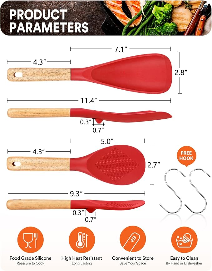 Cooking Spoon and Rice Scooper for Nonstick Cookware,Multi-function | Great for Cooking and Serving, Sturdy BPA-Free Matte Silicone, Wood Handle Spoon for Mixing, Scoop, and Scrape,9.3"+14.3"