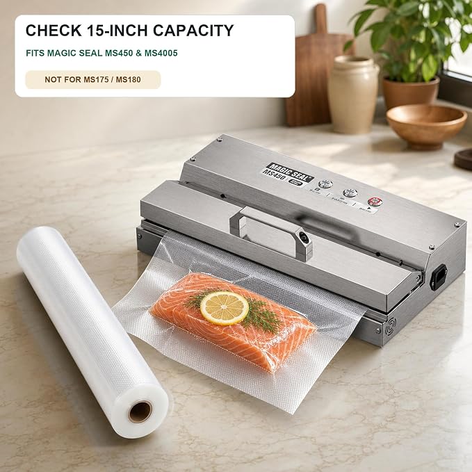 MAGIC SEAL 15 Inch Vacuum Sealer Bag Rolls, 2-Pack, 15x50 ft, 100 ft Total | Extra-Wide Textured Vacuum Seal Bags for Brisket, Large Cuts and Sous Vide, BPA-Free, 4 mil Textured Side, Freezer Safe