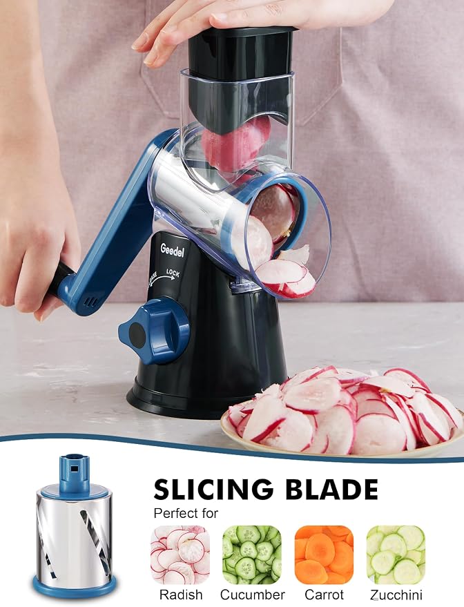 Geedel Rotary Cheese Grater, Kitchen Mandoline Vegetable Slicer with 3 Interchangeable Blades, Easy to Clean Rotary Grater Slicer for Fruit, Vegetables, Nuts | 3 Blades, 430 Stainless Steel, 12x Fast Cutting, Strong Suction Base, No BPA, Dishwasher Saf...