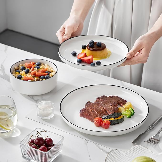 MALACASA Plates and Bowls Sets, 24 Pieces Modern Porcelain Dinnerware Set for 8 White Kitchen Dinner Dining Ware Set wtih Black Rim Ceramic Dishware Dishes Microwave and Dishwasher Safe, Series LUNA | Modern Ceramic Dishware Set,Kitchen Dining Ware,Mic...