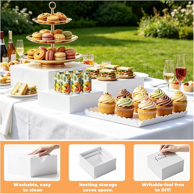 Acrylic Buffet Risers, 4 PCS White Large Food Display Stands for Party Table, Display Risers Cube Box with Hollow Bottom for Dessert Catering Party Supply, Square Scalloped Acrylic Serving Tray for Cupcake