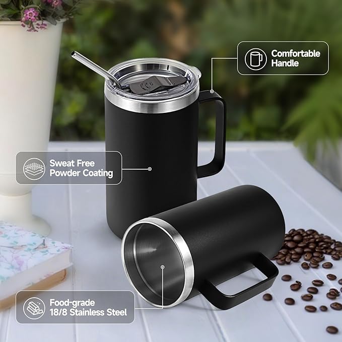 Volhoply 22oz Insulated Stainless Steel Coffee Mugs with Leakproof Lid Bulk 2 Pack,Double Wall Vacuum Travel Coffee Cup with Handle,Reusable Metal Tumbler,Camping Mug Keep Hot&Cold(Black,2)