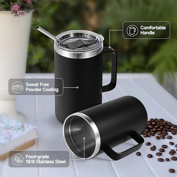 Volhoply 22oz Insulated Stainless Steel Coffee Mug with Leakproof Lid,Double Wall Vacuum Travel Coffee Cup with Handle,Reusable Metal Tumbler,Camping Mugs Keep Hot&Cold(Black,1)