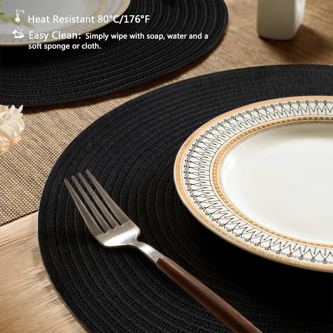 FunWheat Round Braided Placemats Set of 8 Place mats for Dining Tables Woven Heat Resistant Table Mats 15 inch (Black,8pcs)