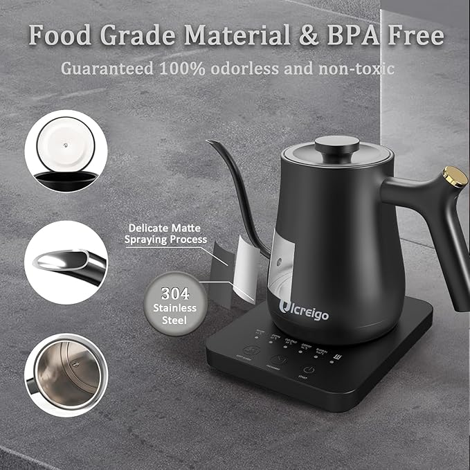Gooseneck Electric Kettle,Ulcreigo Electric Kettle Temperature Control Tea Kettles for Boiling Water with 5 Variable Presets,Hot Water Boiler Heater for Coffee,304 Stainless Steel Black Color