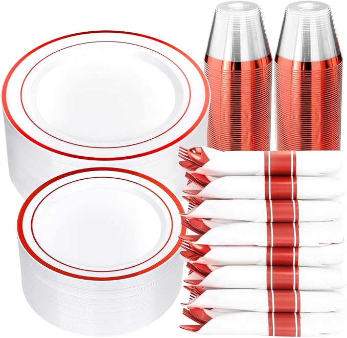 350 Piece Red Plastic Dinnerware Set for 50 Guests | Disposable Dinnerware Includes: 50 Dinner Plates, 50 Dessert Plates, 50 Pre Rolled Napkins with Silverware, 50 Cups